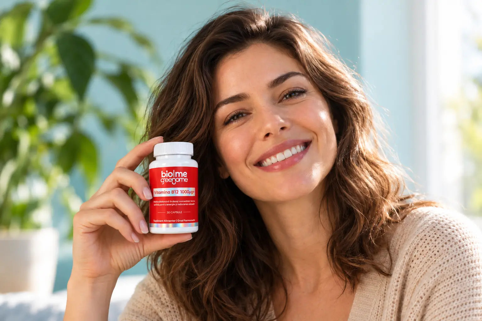 Flaconul actual de Vitamina B12 bio|me, într-un cadru de viață cotidiană