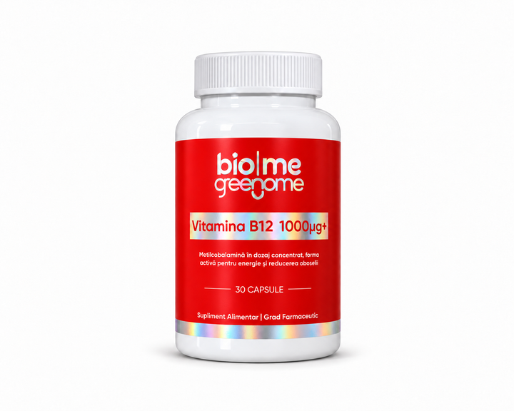 Vitamina B12 1000 µg+ bio|me, flacon cu capac alb și 30 capsule, fotografie de produs pe fundal alb în format 5:4
