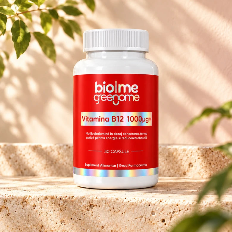 Vitamina B12 bio|me în flacon, fotografiată pe travertin în lumină naturală